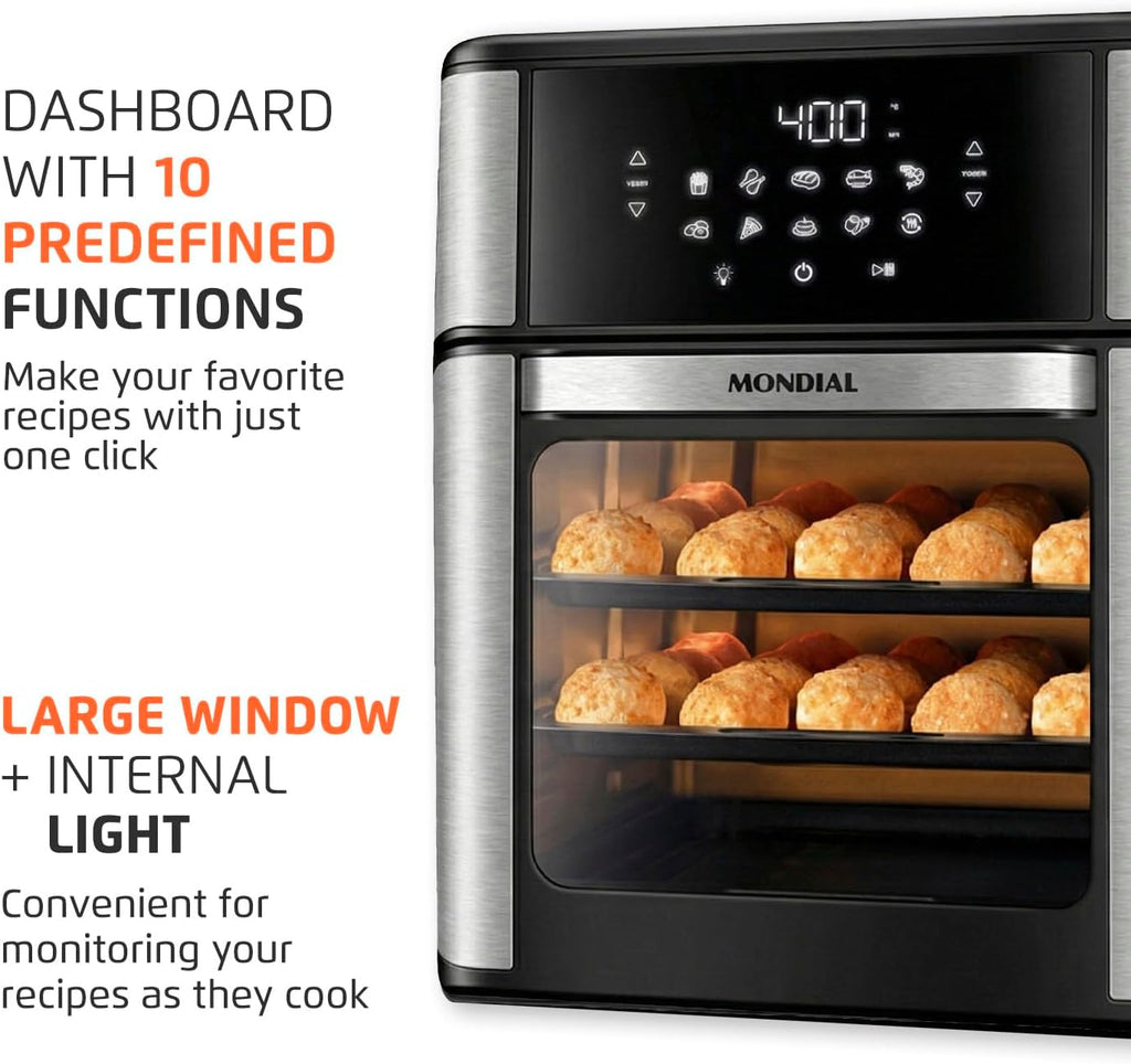 Air Fryer Oven 1800W, 12.7QT Capacity, Touchscreen Panel, Automatic Shut-Off, Toaster + Airfryer – Black & Stainless Steel – Mondial