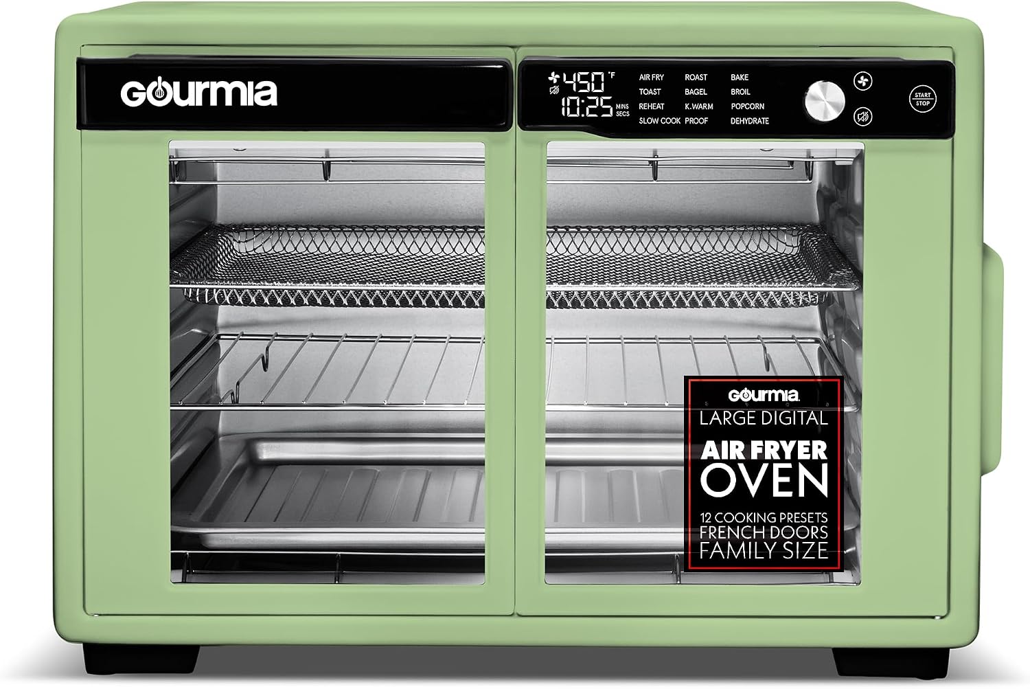 Gourmia French Door Air Fryer Oven - 37 Qt Large Capacity Convection Toaster Oven, FryForce 360°, Digital Display, 12 Cooking Presets, Dehydrate, Fits 13' Pizza, Dishwasher-Safe, Green