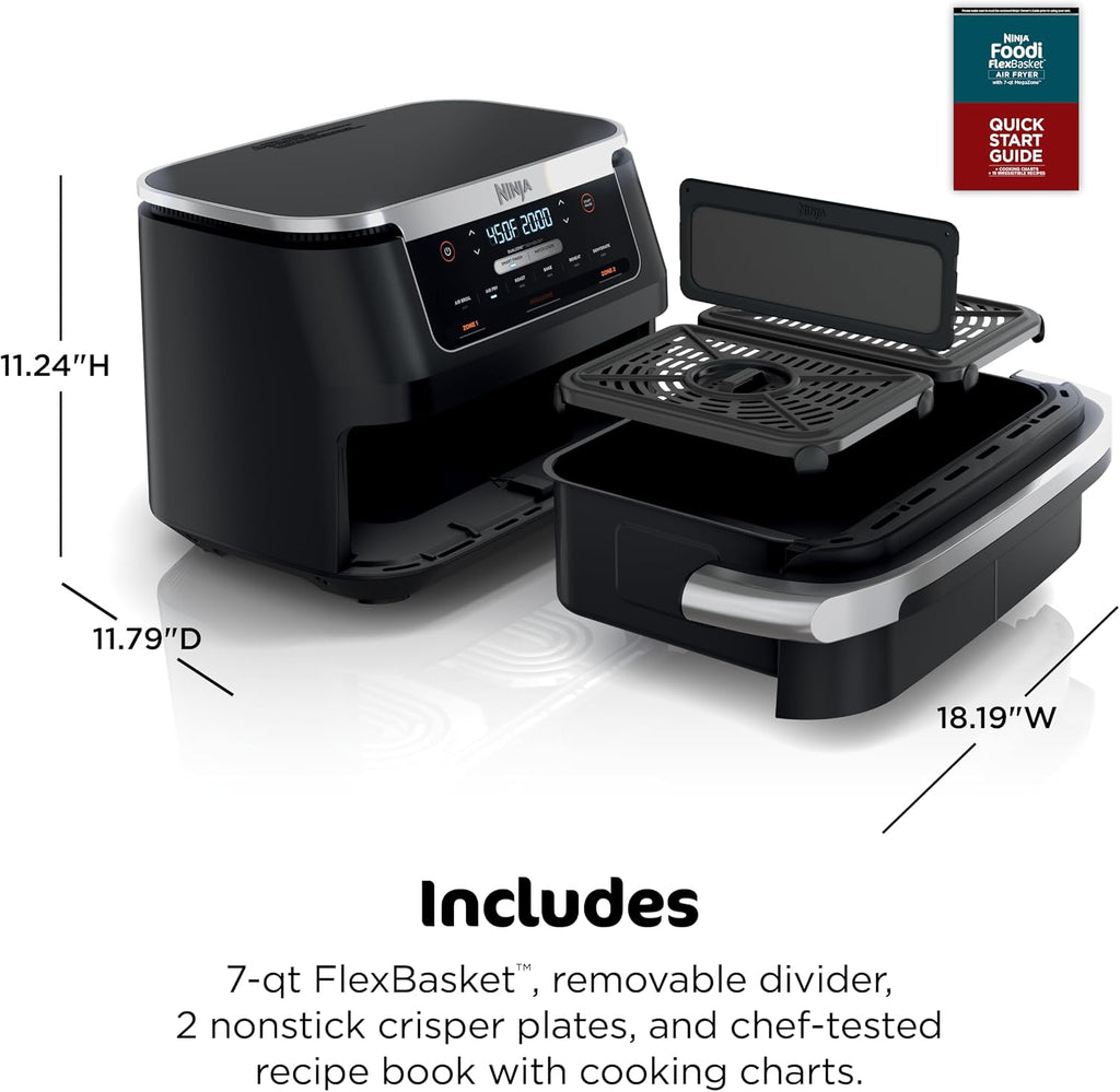 Ninja Foodi Air Fryer | 6-in-1 with 7-QT MegaZone & Basket Divider for Large Proteins & Full Meals | Cook 2 Foods at Once | 450° F | Air Fry, Roast, Broil, Dehydrate, Keep Warm & Bake | Black | DZ071