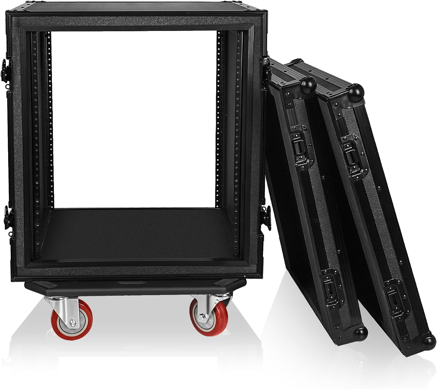 Sound Town Black Series Shock Mount 12U ATA Plywood Rack Case with 21' Rackable Depth, All-Black Anodized Hardware and Casters, Pro Tour Grade (STRC-SPB12UW)