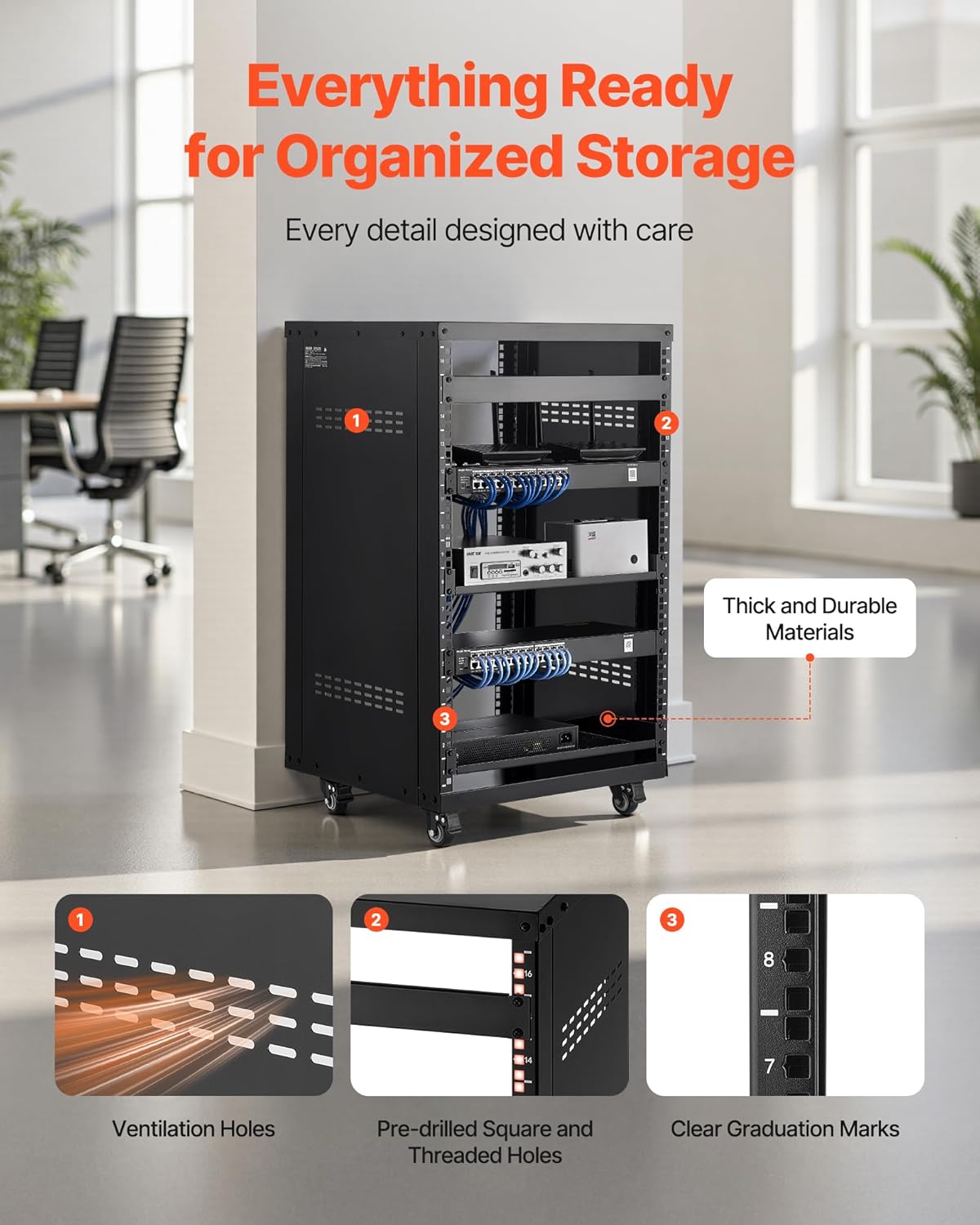 VEVOR 16U AV Rack, Recording Studio Rack Cabinet, Open Frame Server Rack with Locking Caster Wheels, Removable Side Panels & Vent Design for 19' Network, Audio, Video, IT & Network Equipment Mounting