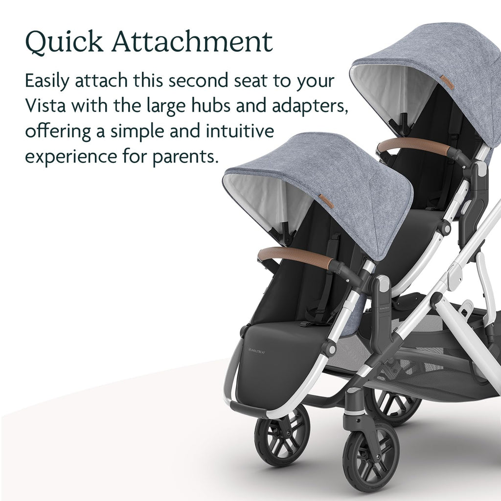 UPPAbaby RumbleSeat V2+ Second Lower Seat/Compatible with Vista V2 and Vista V3 / Adapters, Bumper Bar, Bug Shield Included/Gregory (Blue Mélange/Silver Frame/Saddle Leather)