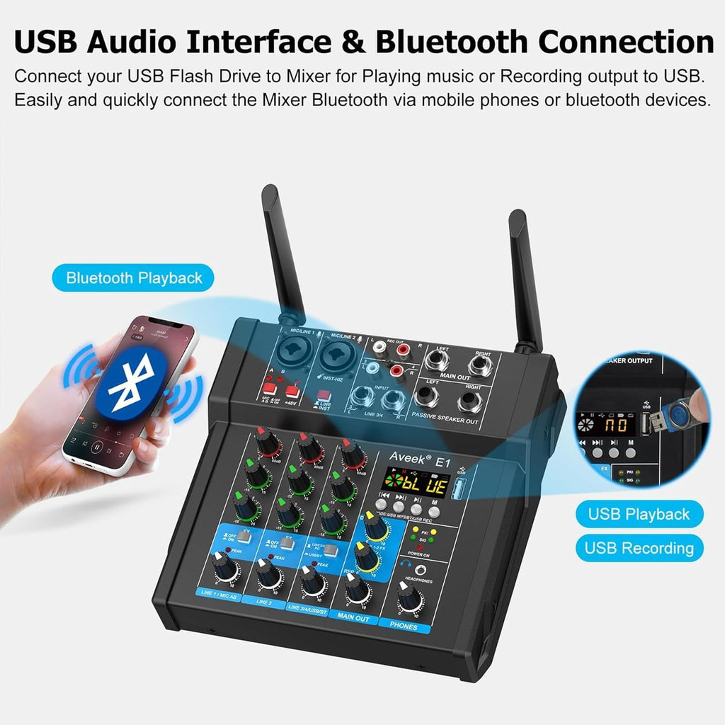 Aveek 150W x2 Powered Amplifier Audio Mixer,4 Channel with Dual Wireless Mic Sound Board Console MP3 Digital USB Bluetooth Computer Input 48V Phantom Power Stereo DJ Mixing for Karaoke Party