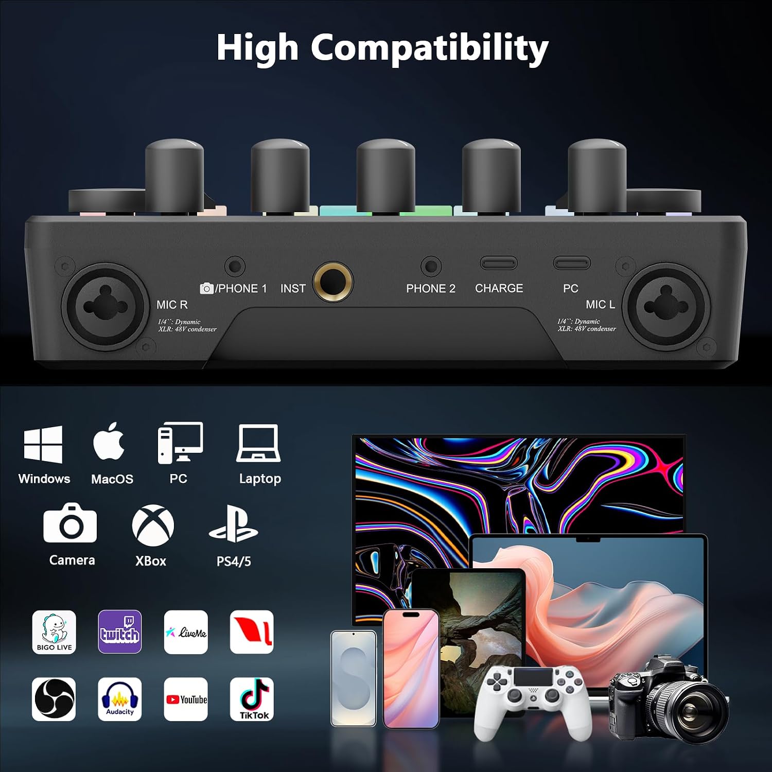 Podcast Equipment Bundle for 2, Audio Mixer with 8GB Memory Card and Dynamic Mics,RGB,Built-in Recorder, Customize Button, Stereo for Vocal Recording Podcasting,Streaming Camera, PC, Phone.(RS2i2)