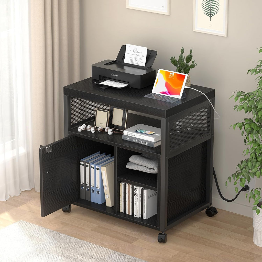 Unikito Lateral File Cabinet, Locking Office Printer Stand with Sockets and USB Charging Ports, Modern Rolling Printer Desk with Storage for A4, Letter Size and File Folders, Black