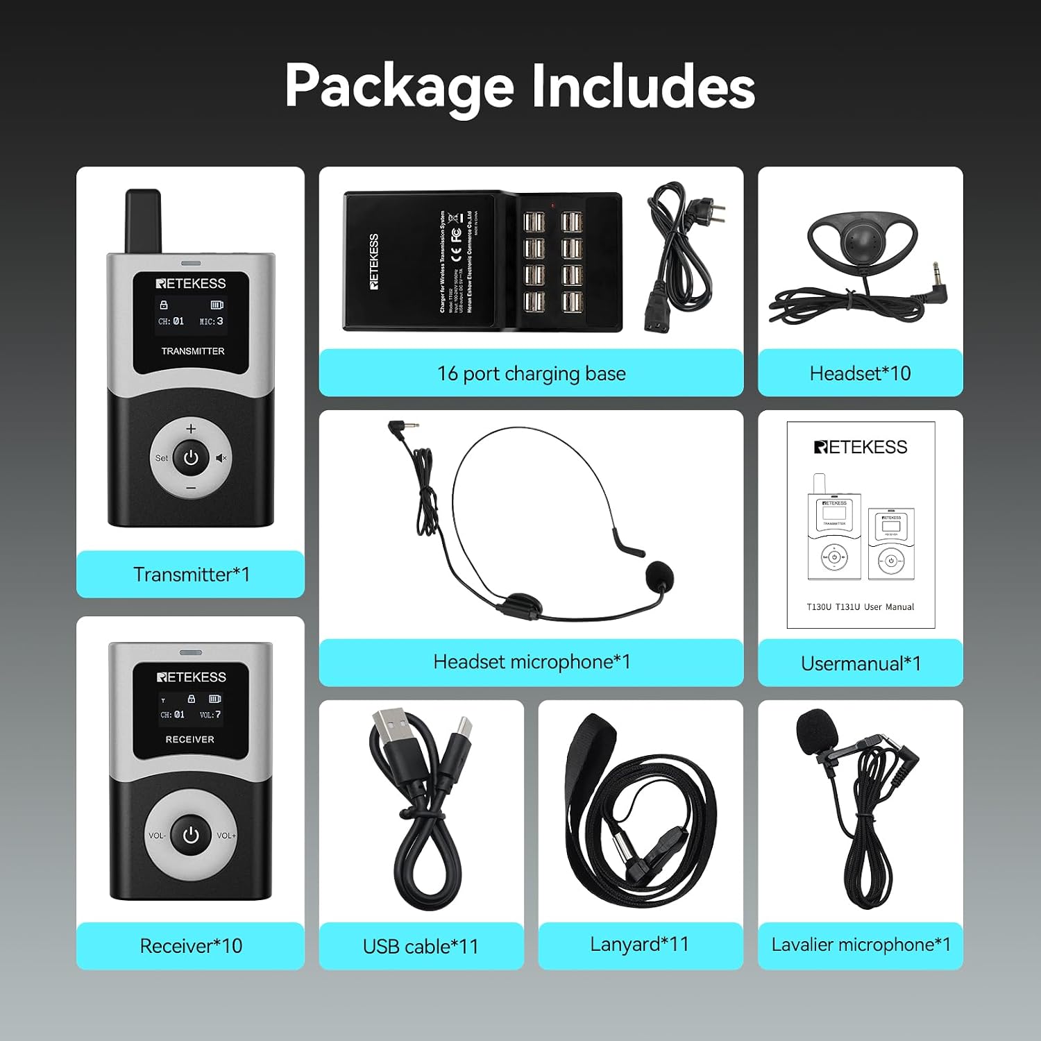 Retekess T130U(4nd Gen T130) Audio Tour Guide System, Tour Guide Headsets for Both Ear, 200m, 16 USB Charging Ports, Easy Operation, Translation System for Factory, School(1 Transmitter 10 Receivers)