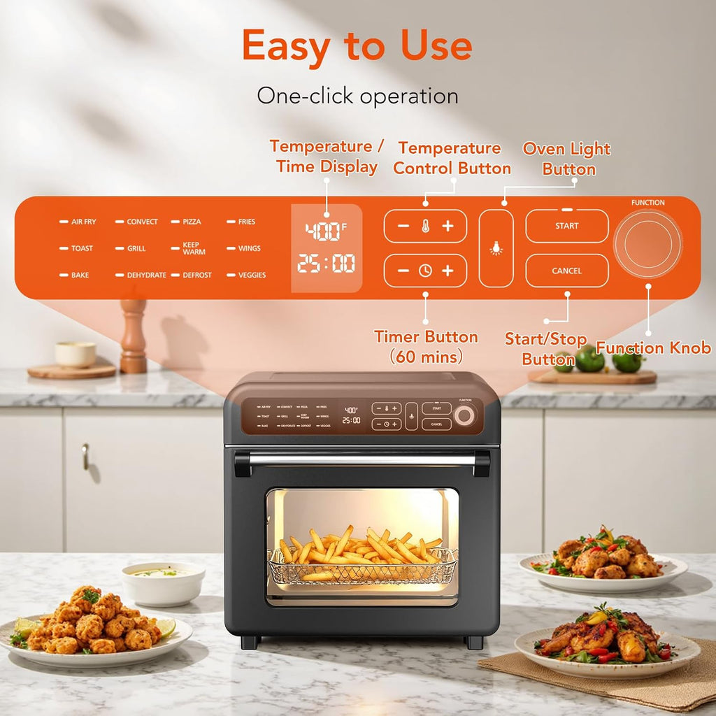 WAA Air Fryer Toaster Oven, 19 QT Air Fryer Toaster Oven Combo, 12-in-1 Digital Countertop Natural Convection Roast Bake Dehydrate and Reheat 1400W Stainless Steel, Black