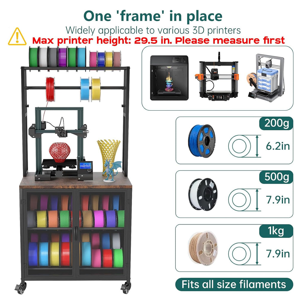 3D Printer Stand with Filament Storage, 29.5' x 18.9' Dustproof and Moisture-Proof Heavy Duty Large 3D Printer Table Cart with 360°Rolling & Cabinet for Workshop Studio Office (Rustic Brown)