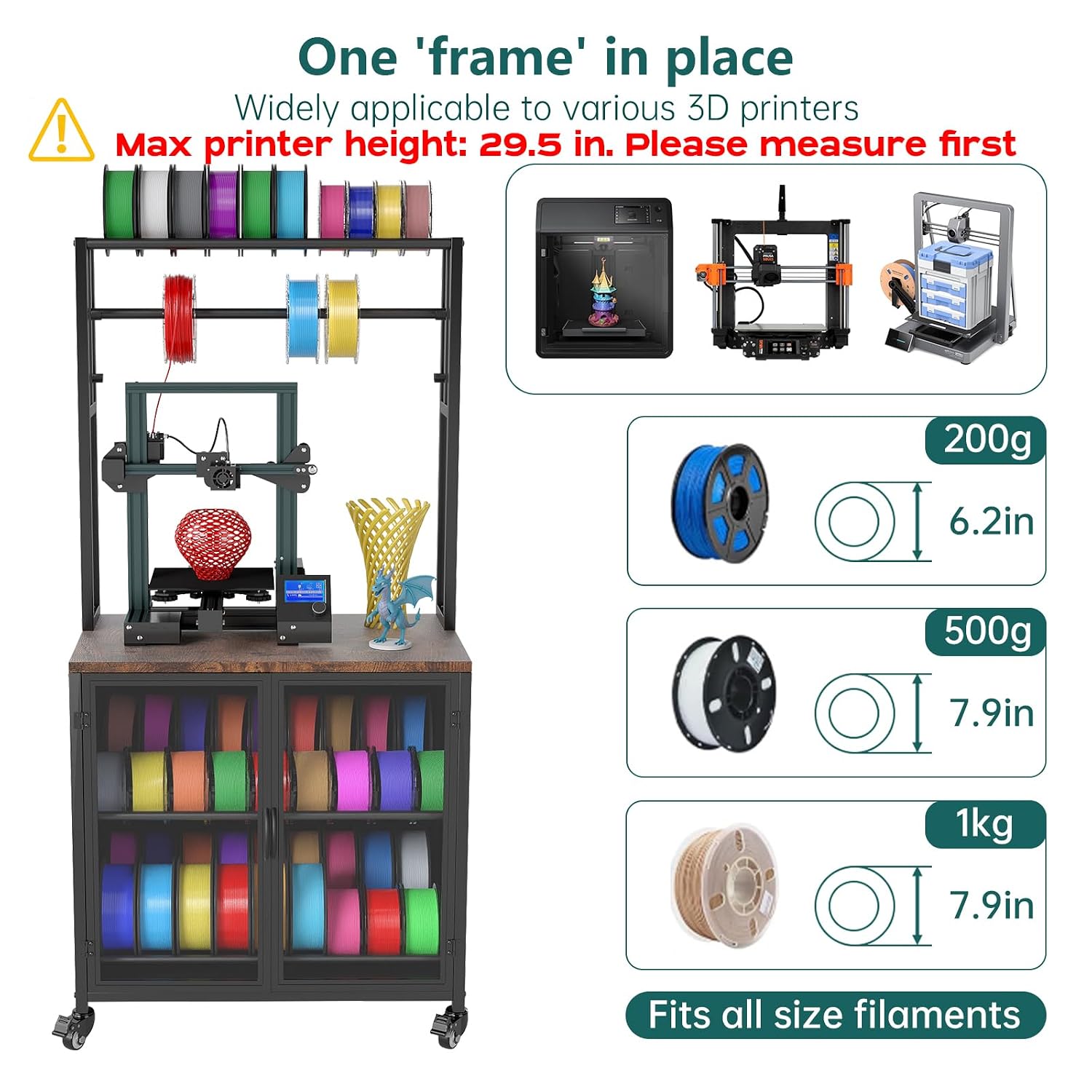 3D Printer Stand with Filament Storage, 29.5' x 18.9' Dustproof and Moisture-Proof Heavy Duty Large 3D Printer Table Cart with 360°Rolling & Cabinet for Workshop Studio Office (Rustic Brown)
