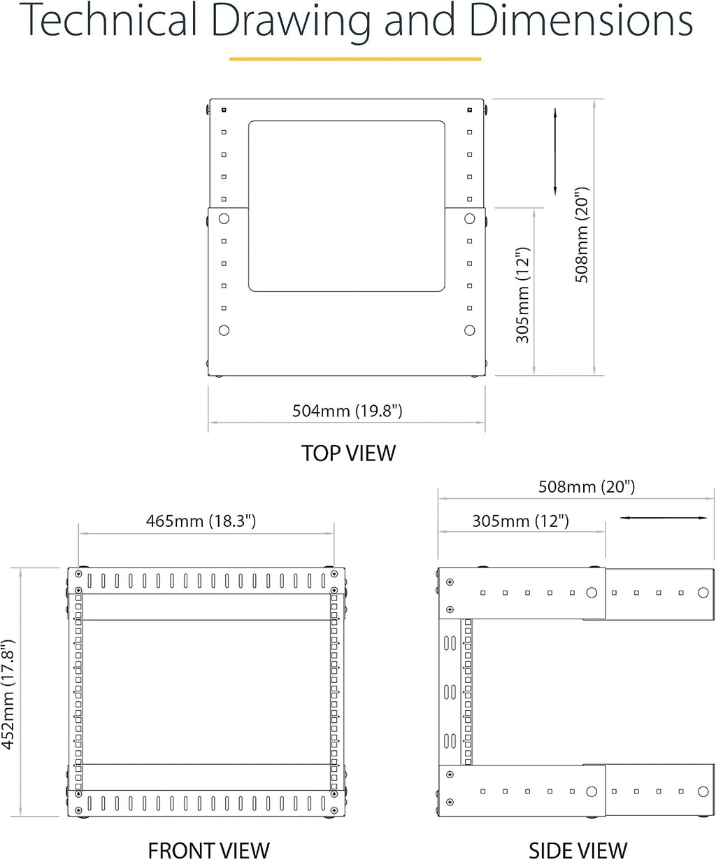 StarTech.com 8U 19' Wall Mount Network Rack - Adjustable Depth 12-20' 2 Post Open Frame Server Room Rack for AV/Data/ IT Communication/Computer Equipment/Switch w/Cage Nuts & Screws (RK812WALLOA)