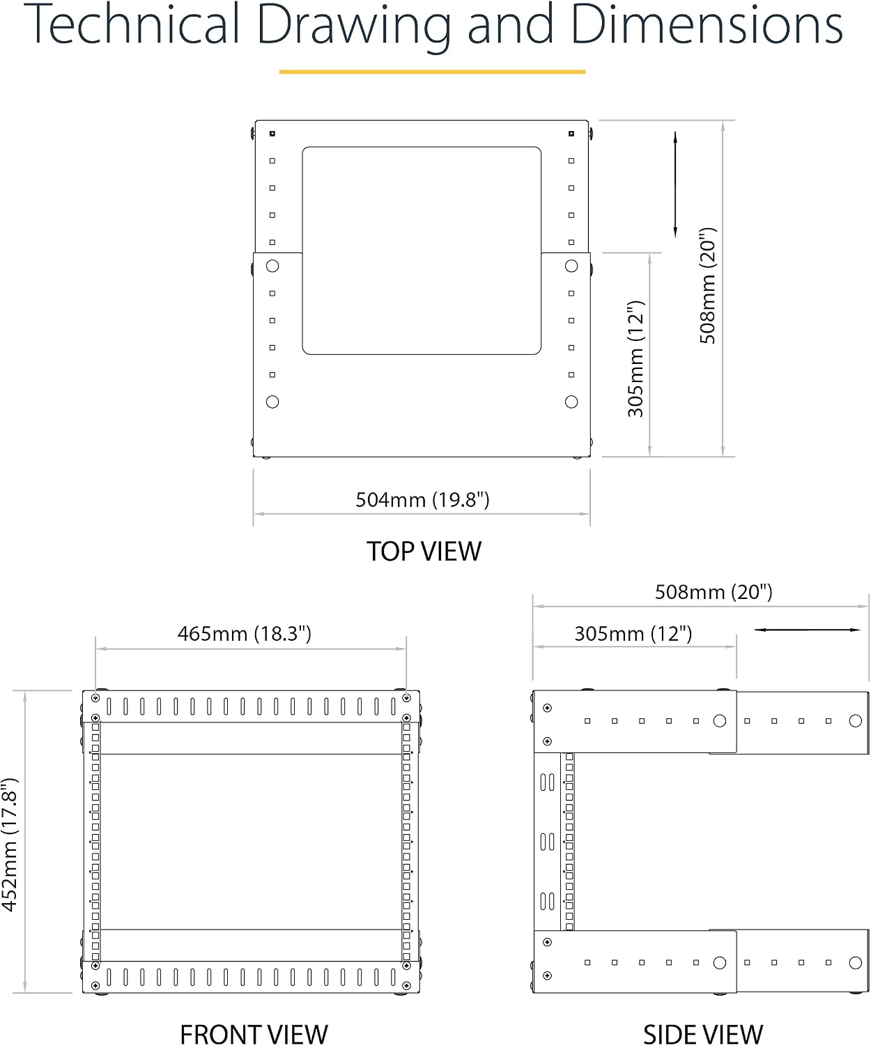 StarTech.com 8U 19' Wall Mount Network Rack - Adjustable Depth 12-20' 2 Post Open Frame Server Room Rack for AV/Data/ IT Communication/Computer Equipment/Switch w/Cage Nuts & Screws (RK812WALLOA)