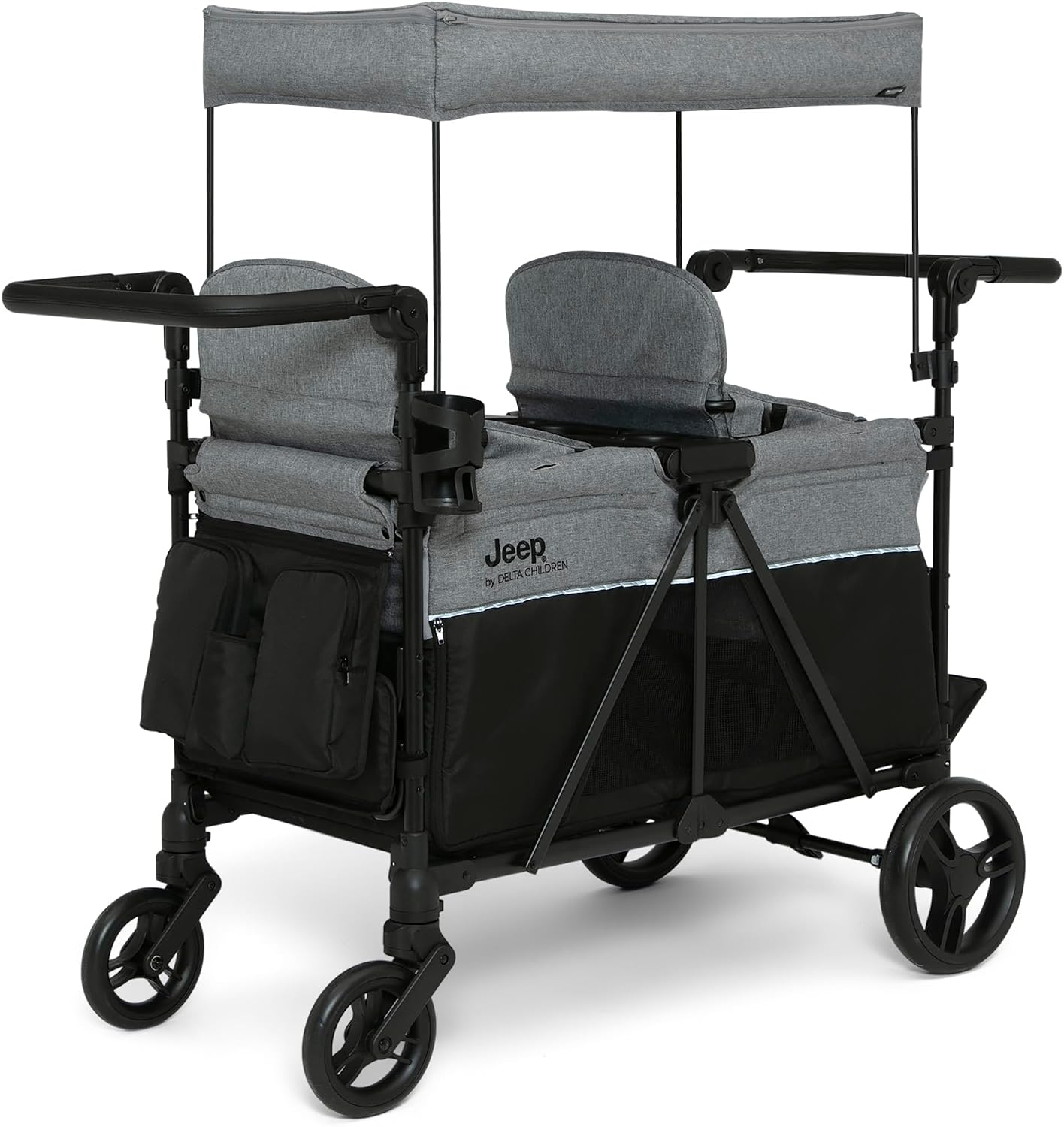 Delta Children - Jeep Aries Stroller Wagon - Premium Wagon for 2 Kids with Convertible Seats, Adjustable Push/Pull Handles, Removable Canopy & Flat Fold - Greenguard Gold Certified, Grey