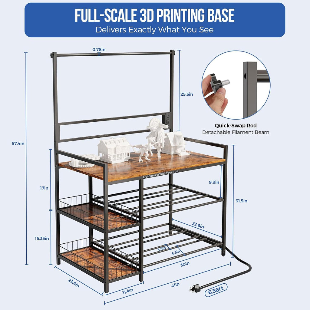 HavenlyYouth 3D Printer Stand with Filament Storage, 41' x 23.6' x 57.4' Large 3D Printer Table with 1 Charging Station, Heavy Duty Printer Shelf with Spools Holder Racks and Storage Baskets