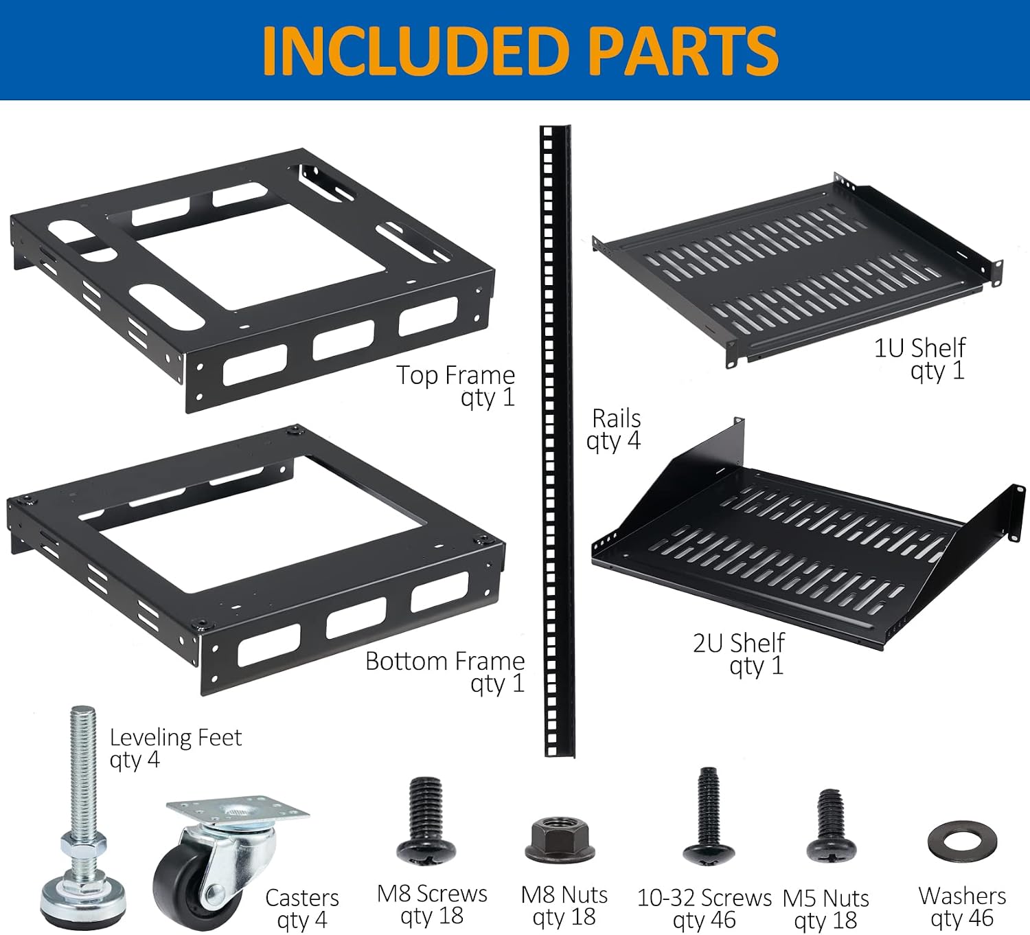 20U Open Frame Rack for Servers & AV Gear - Wall Mountable Design Includes 2X Vented Shelves, 4X Leveling Feet, 4X Casters