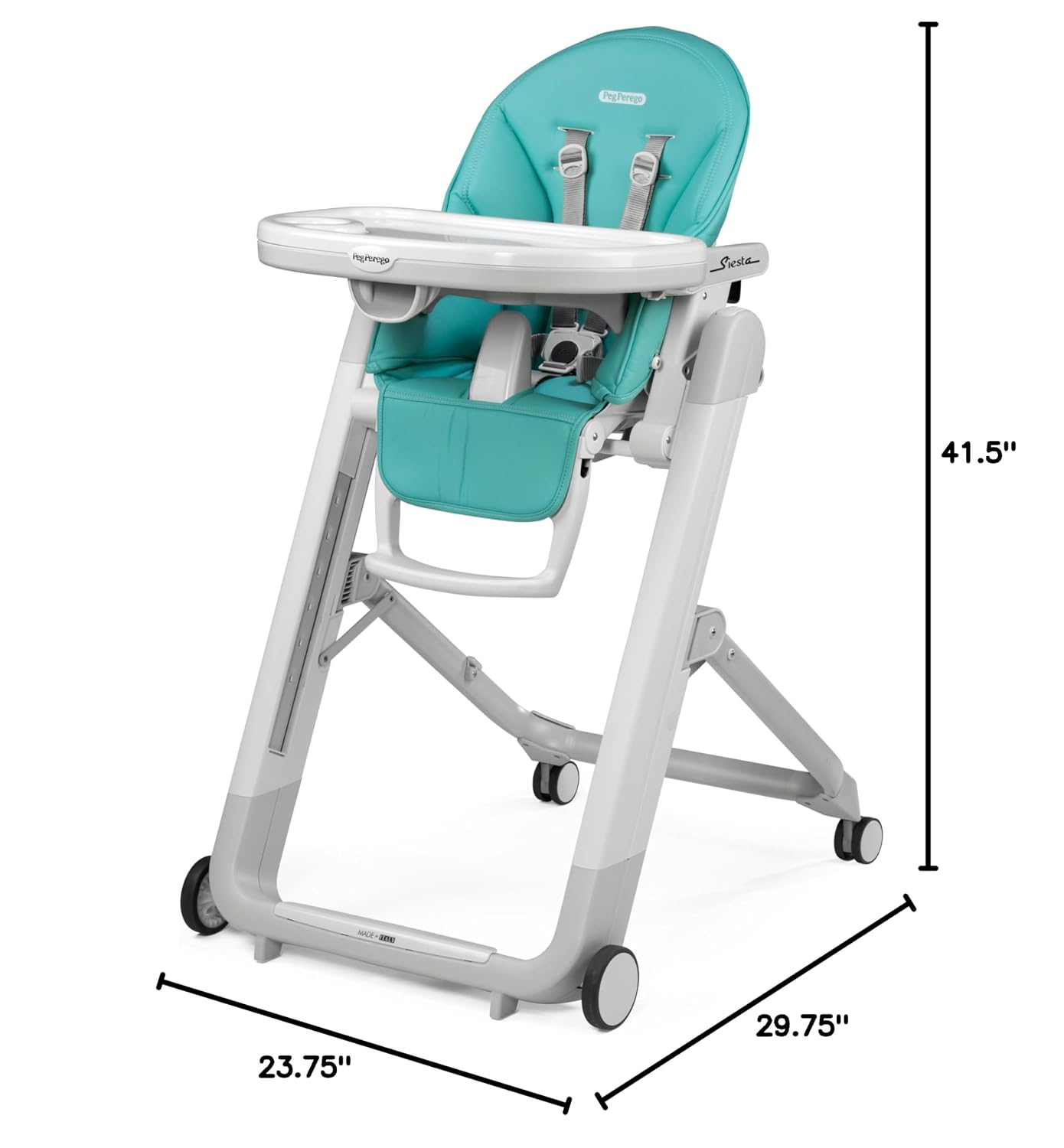 Peg Perego Siesta, Grow with Baby Folding High Chair & Recliner, Height Adjustable, Quick Clean & Easy Push Wheels for Babies & Toddlers, Made in Italy, Tahiti (Ocean Turquiose)