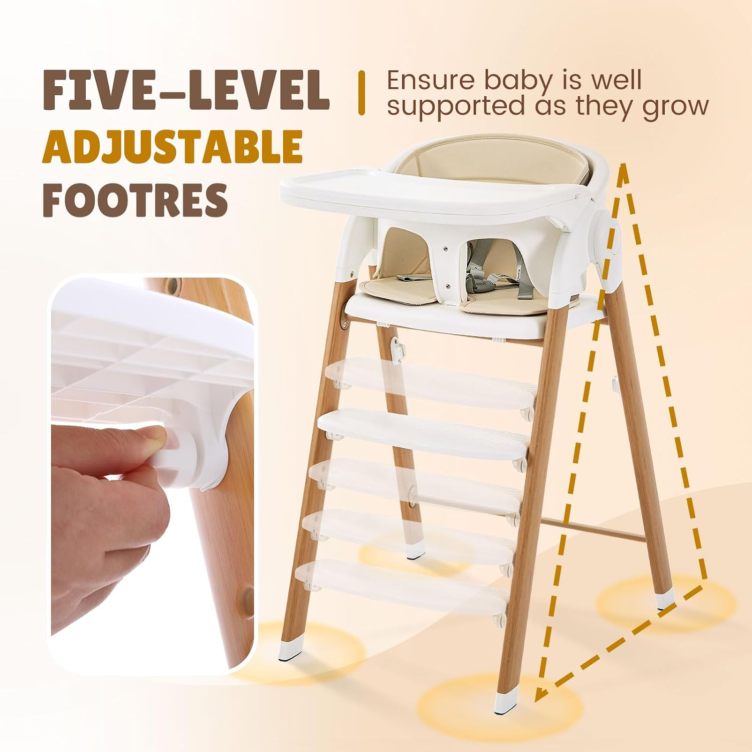 Convertible High Chairs for Babies & Toddlers. 5-in-1 Adjustable High Chair with Removable Tray, Easy to Clean, Portable (Khaki)