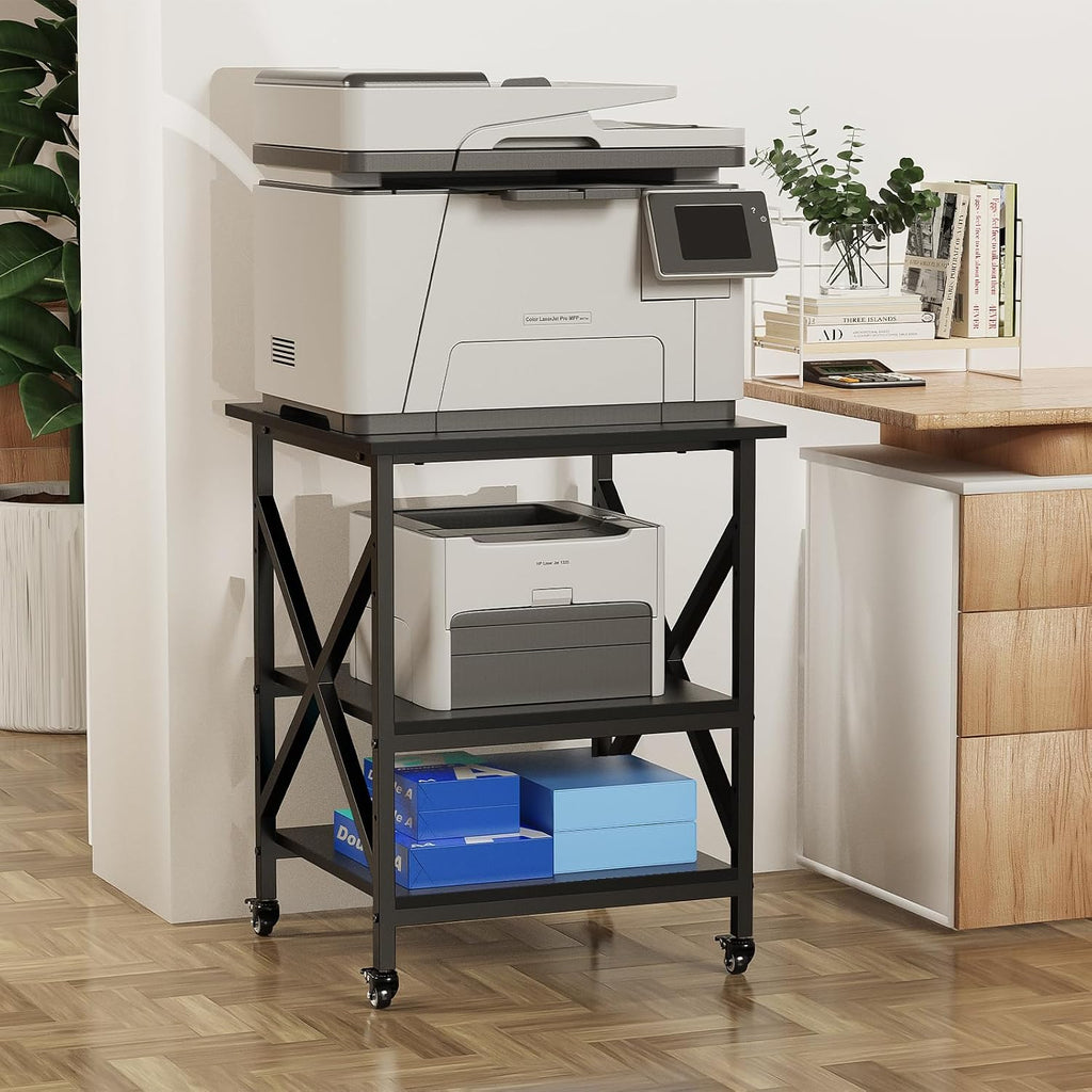3 Tier Printer Stand, Large Table with Wheels, Rolling Cart with Height Adjustable Middle Storage Shelf, 23.6 x 23.6 x 30.3 Inches Shelf for Home Office, Black