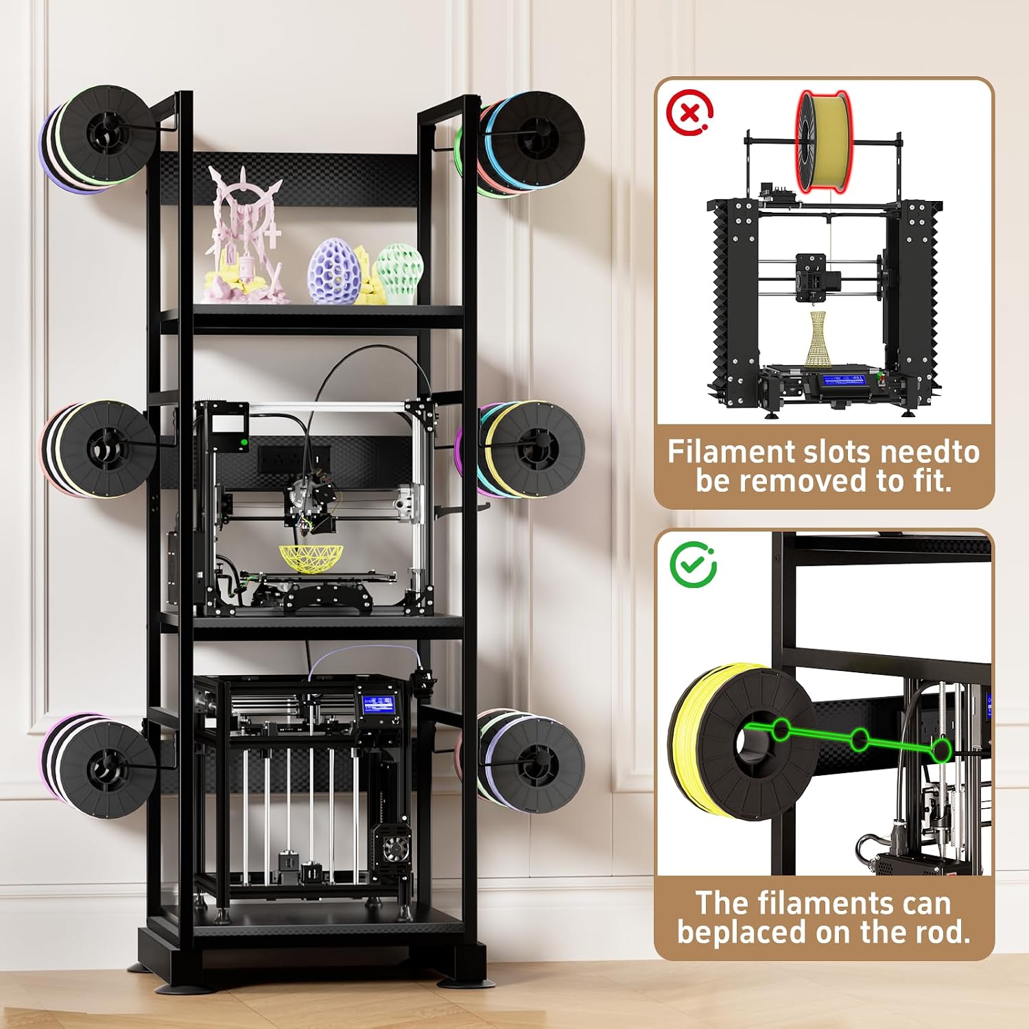 3DPrinter Stand with Filament Storage,3D Printer Rack with Power Outlet,Heavy-Duty 3D Print Storage Shelf for ABS/PLA/TPU Filament Spools,Perfect for 3D Printing Workshops,Carbon Fiber Black