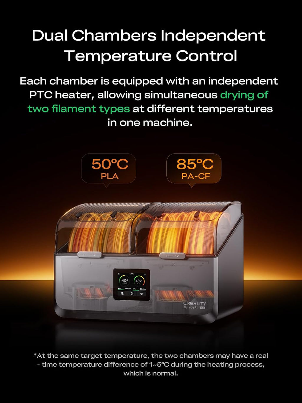 Creality Filament Dryer Box 4 Spools, Space Pi X4 Filament Storage Box, 200W PTC Heats Up to 85°C, Dual Heating Chambers, Fast Drying & Moisture-Free Storage, for PLA, PETG, TPU, ABS