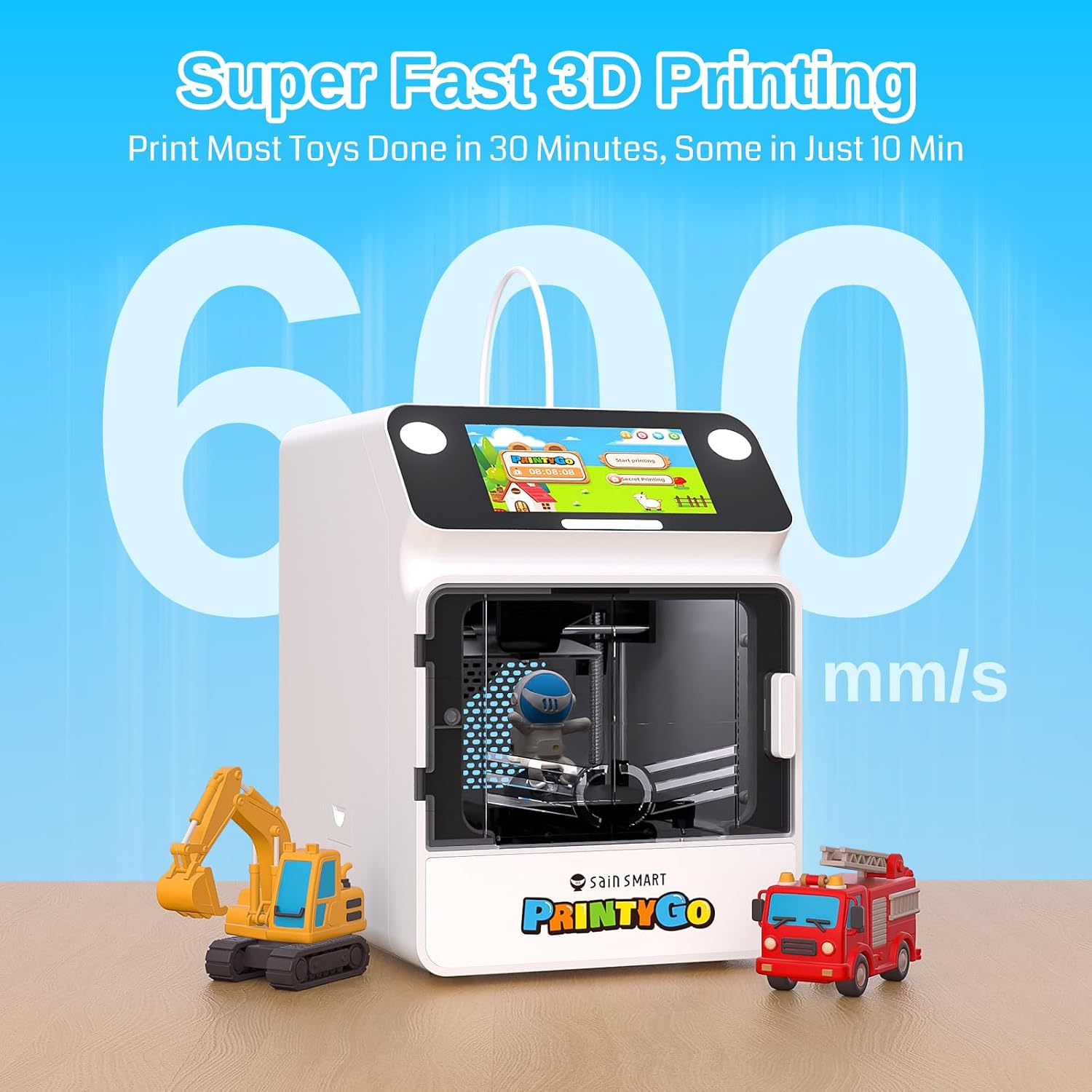 SainSmart PrintyGo Mini 3D Printer for Kids, 600mm/s Auto Leveling Printer for Beginners with 5' Touch Screen, 1500+ Models, Child-Safe Design, Wi-Fi/App Control, Pre-Assembled for STEM Learning Gift