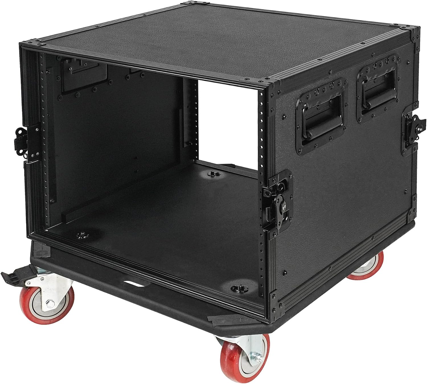 Sound Town Black Series 8U PA/DJ Rack/Road Case with 8-Space, All-Black Anodized Hardware, Plywood, Casters, and 21' Rackable Depth - Pro Tour Grade (STRC-B8UW)