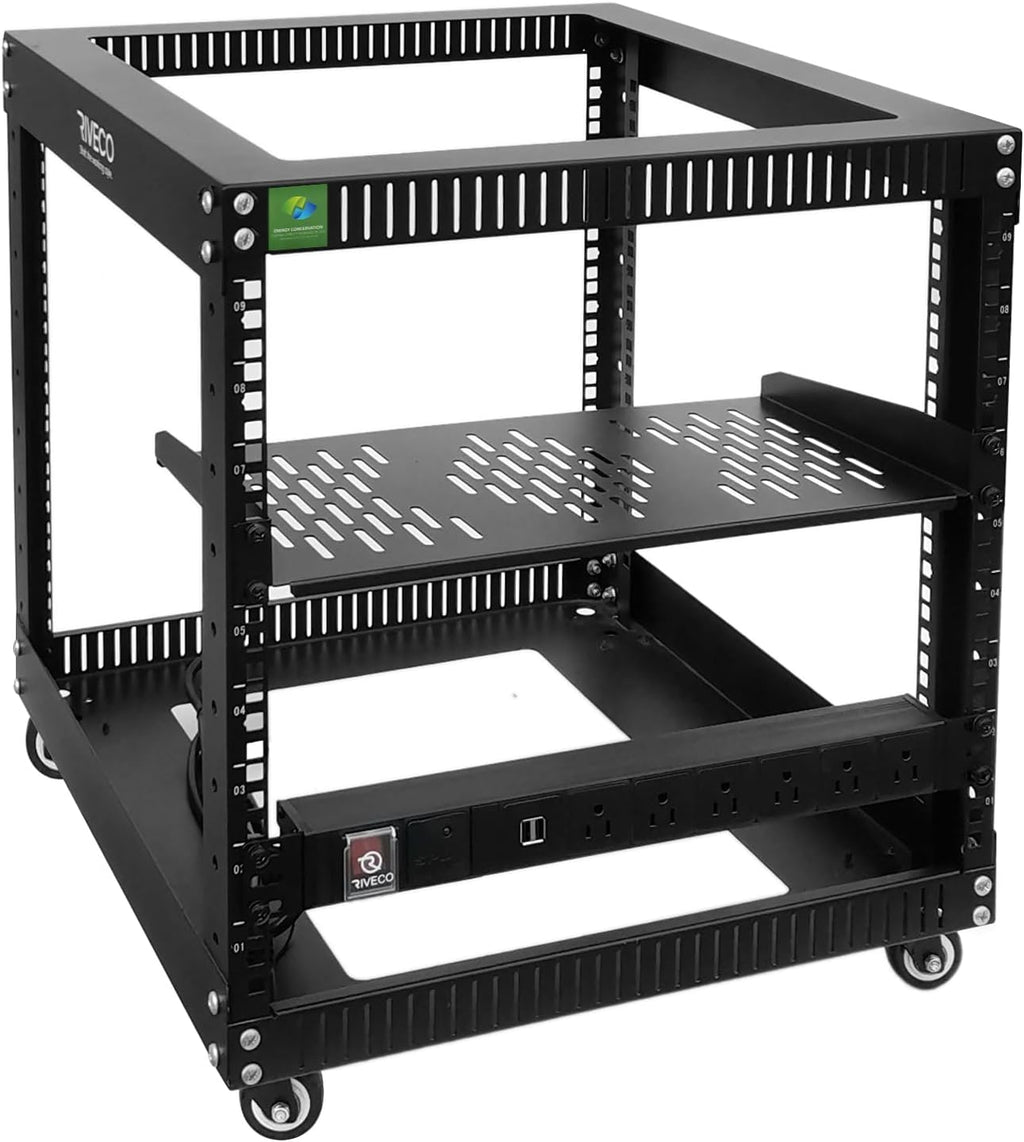 RIVECO 9U Open Frame Server Rack with Wheels + PDU (8 Outlets) Power Strip Surge Protector (1u Rack Shelf 1pcs +PDU)