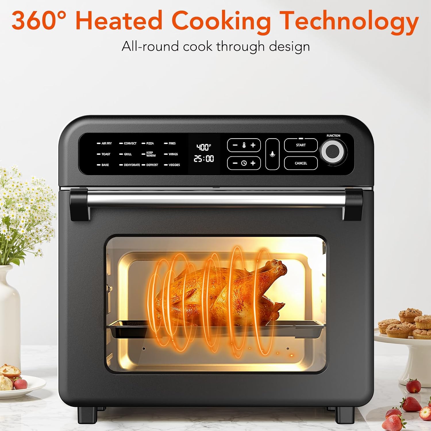 WAA Air Fryer Toaster Oven, 19 QT Air Fryer Toaster Oven Combo, 12-in-1 Digital Countertop Natural Convection Roast Bake Dehydrate and Reheat 1400W Stainless Steel, Black