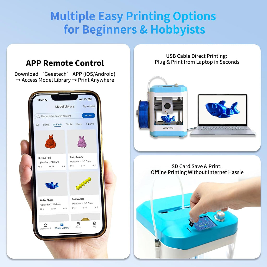 Geeetech 3D Printer for Kids & Beginners, High-Speed Smart Mini 3D Printer with Filament, Wi-Fi & App Control, Auto-Leveling, Fully Assembled STEM Learning Tool, 3.94x4.33x3.94in Print Size