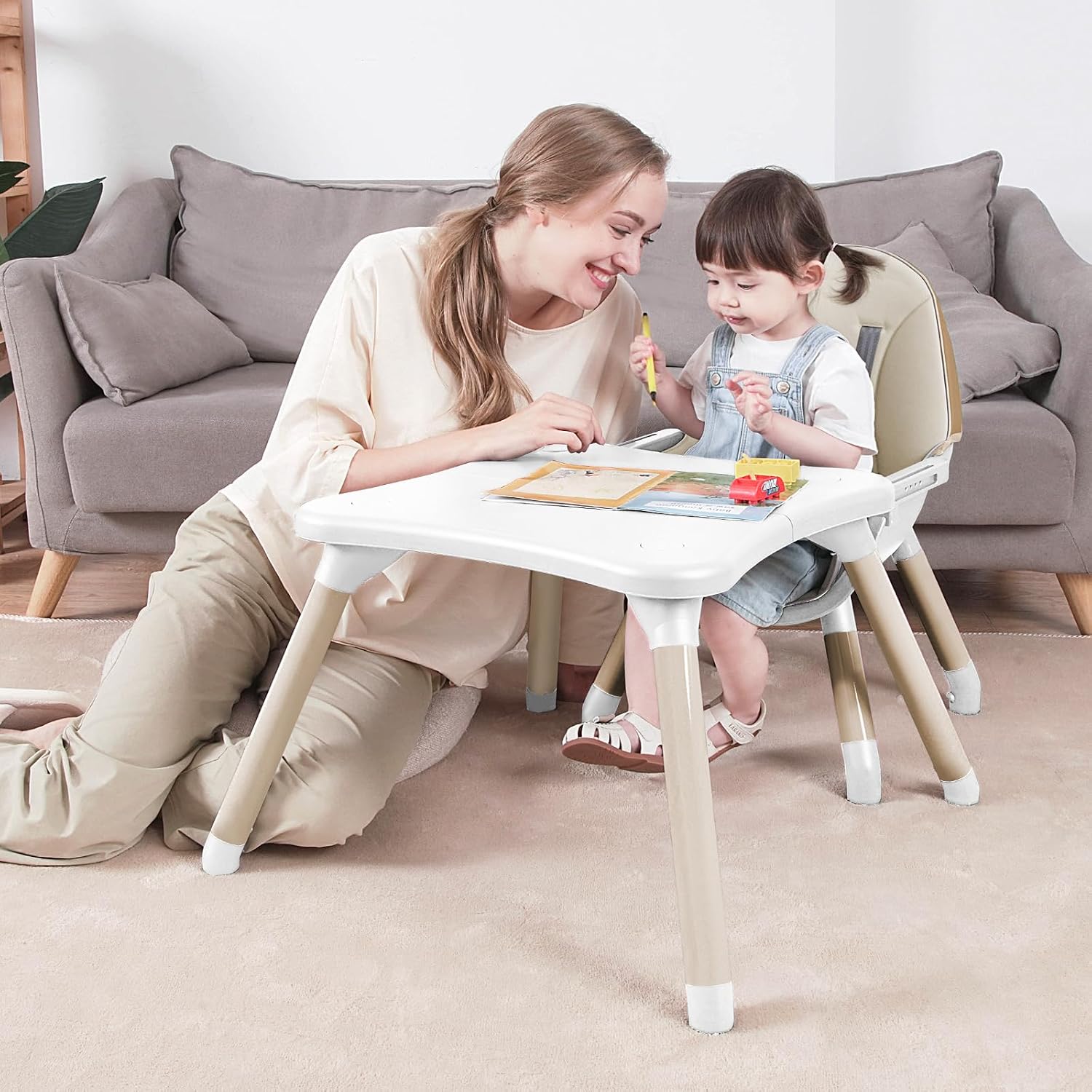 Gofirst 6 in 1 Baby High Chair,Convertible High Chairs for Babies and Toddlers/Booster Seat/Table and Chair Set,Babies Feeding Chair/5-Point Harness,4-Position Removable Tray&PU Cushion Baby Highchair