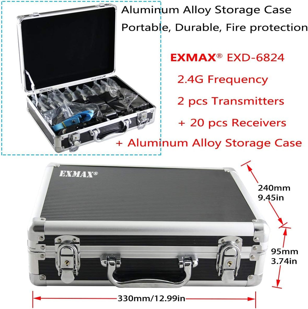 EXMAX EXD-6824 Wireless Tour Guide System Audio Transmission Kit Church Translation Translator in Ear 9999 Channels for Listening Teaching Traveling Museum Conference - 2 Transmitters 20 Receiver Case