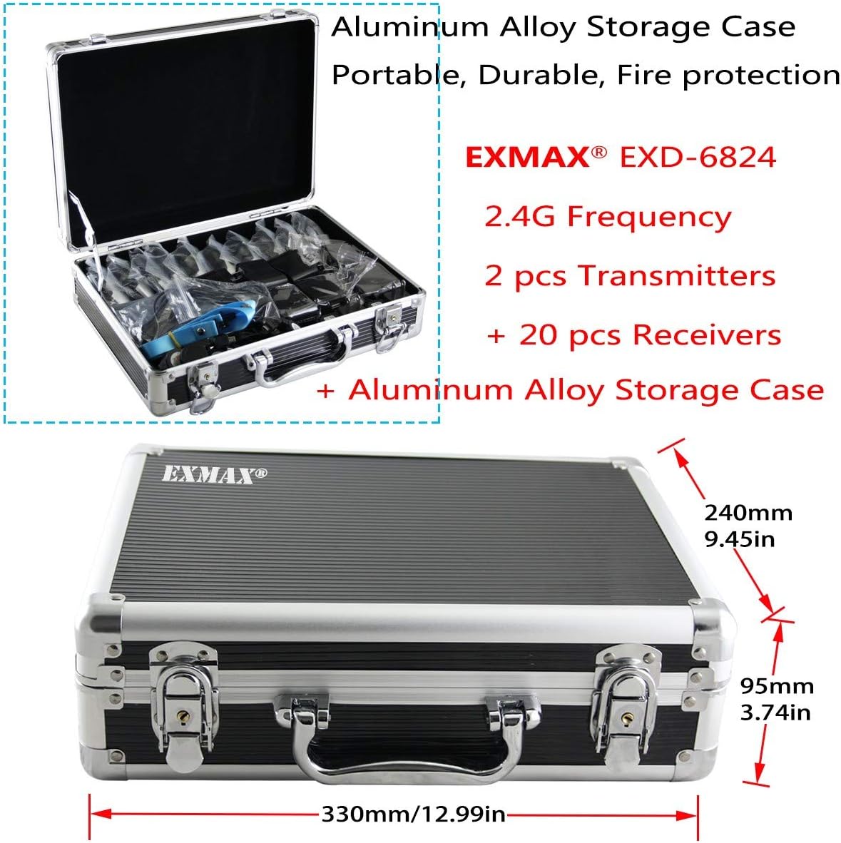 EXMAX EXD-6824 Wireless Tour Guide System Audio Transmission Kit Church Translation Translator in Ear 9999 Channels for Listening Teaching Traveling Museum Conference - 2 Transmitters 20 Receiver Case