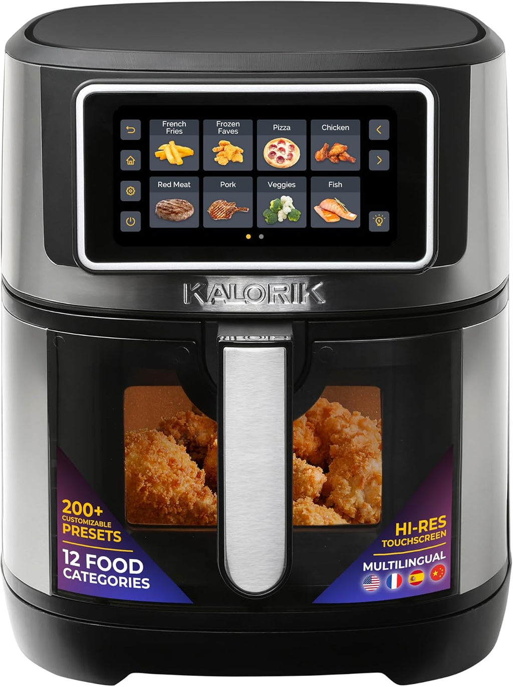 Kalorik Air Fryer VIVID TOUCH Series 7 Quart Capacity with High-Resolution Touchscreen 200 Cooking Presets in 12 Food Categories with View Window, 1500-Watts, Stainless Steel
