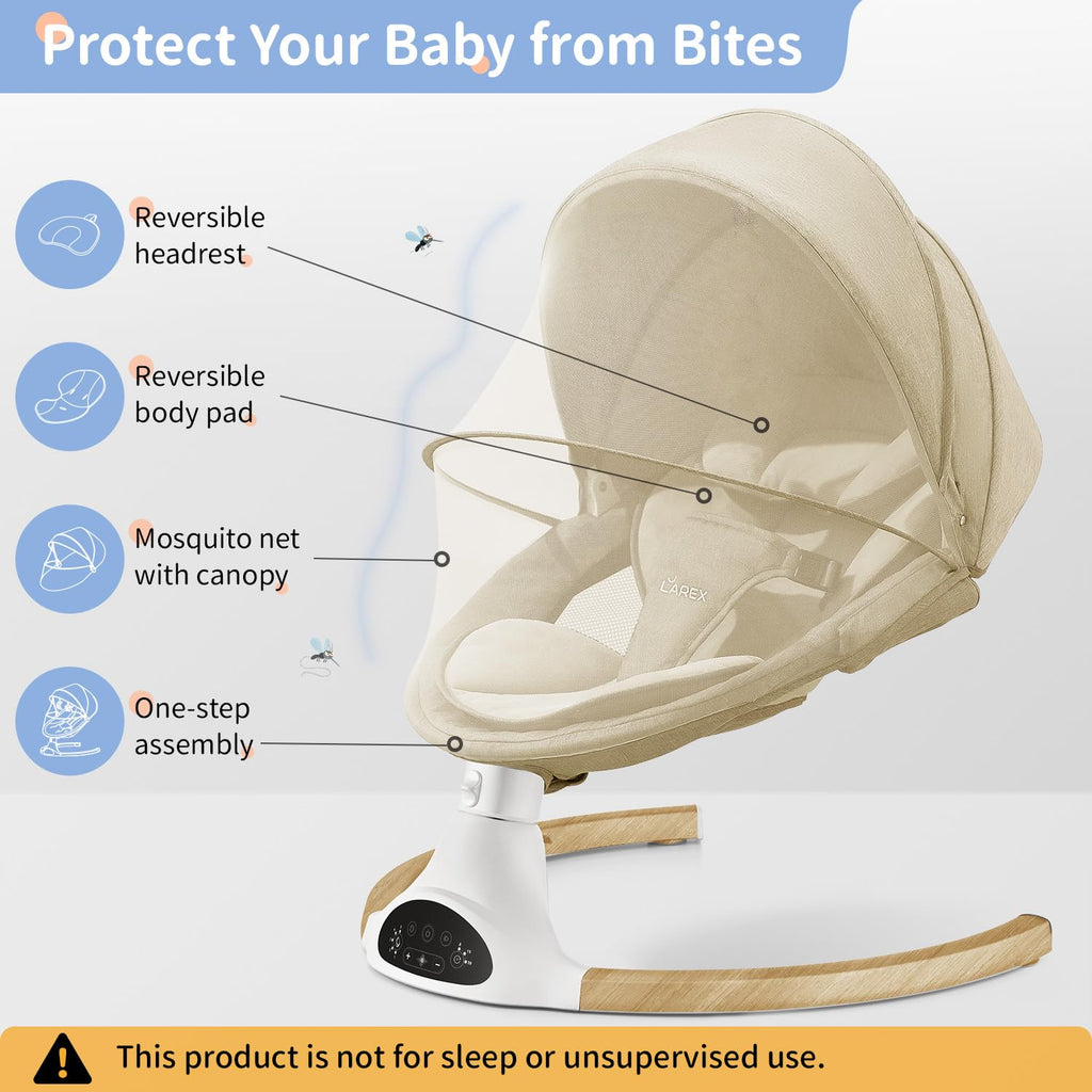 LAREX Baby Swing Infant Swing Electric Toddler Baby Rocker Portable for Newborn Boy Girl, 5 Sway Speeds with Remote Control, 10 Preset Melodies and Bluetooth, 0-6 Months Max 20 Lbs (Khaki)