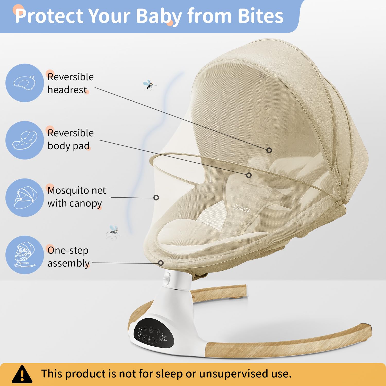 LAREX Baby Swing Infant Swing Electric Toddler Baby Rocker Portable for Newborn Boy Girl, 5 Sway Speeds with Remote Control, 10 Preset Melodies and Bluetooth, 0-6 Months Max 20 Lbs (Khaki)