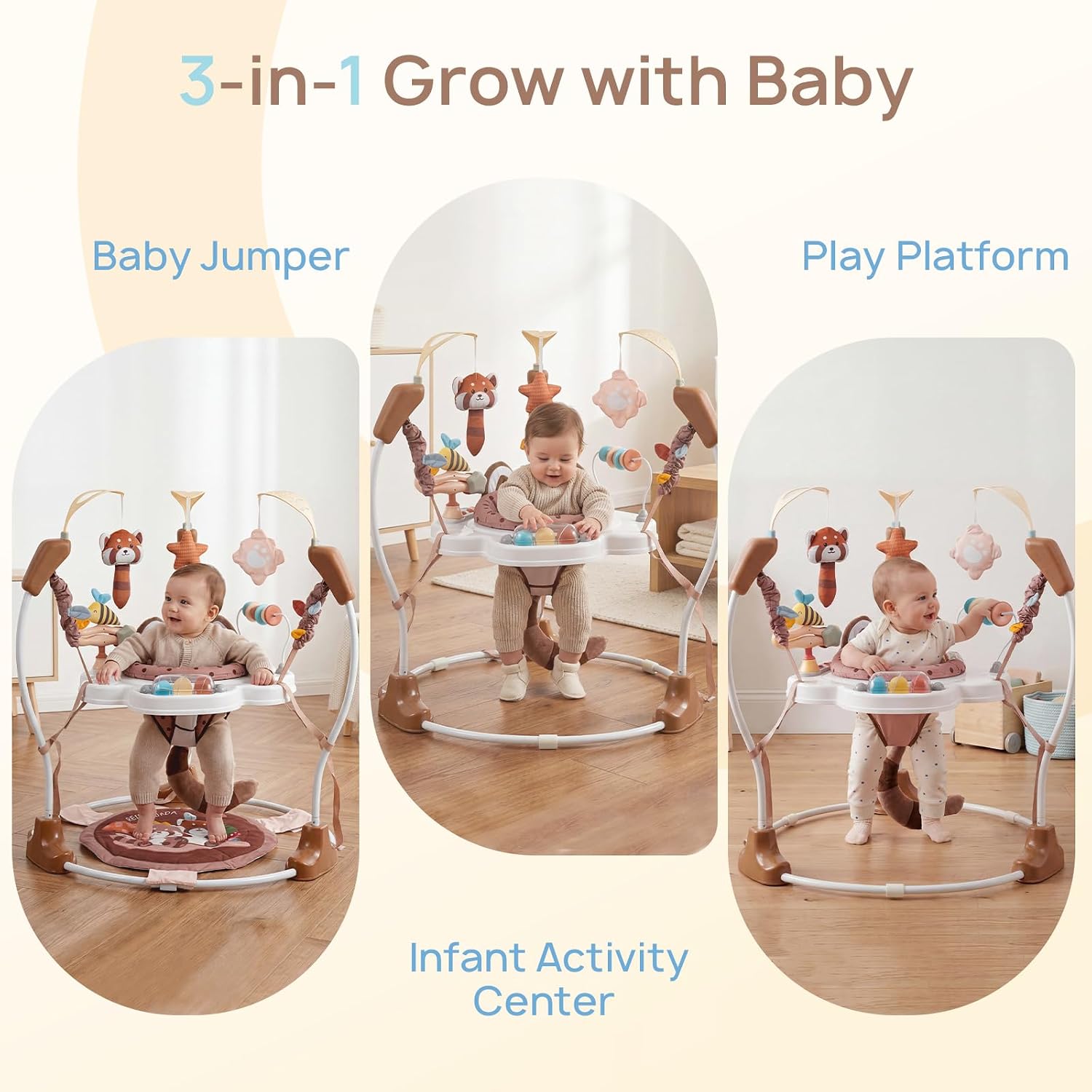 Baby Activity Center, Baby Jumper Activity Center with Music, Interactive Toys, 360° Rotating Seat, 3 Adjustable Heights, Infant Activity Jumper for 6+ Months (Red Panda)