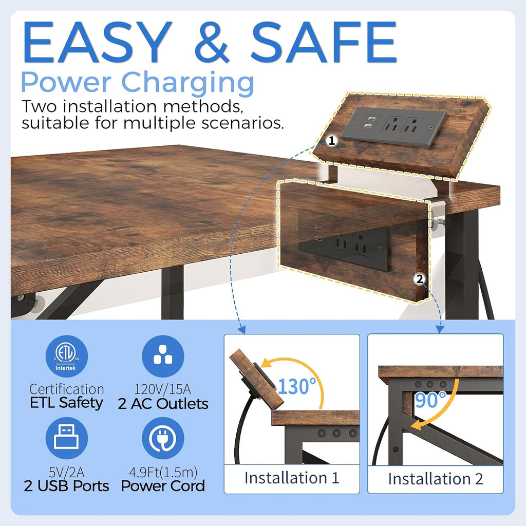 METYERRY Large Printer Stand with Power Outlet, with Storage Shelf, 2 Tier Rolling Printer Cart with Industrial Wheels, 23.6 x 23.6 Inches Printer Table for Home Office,Rustic Brown
