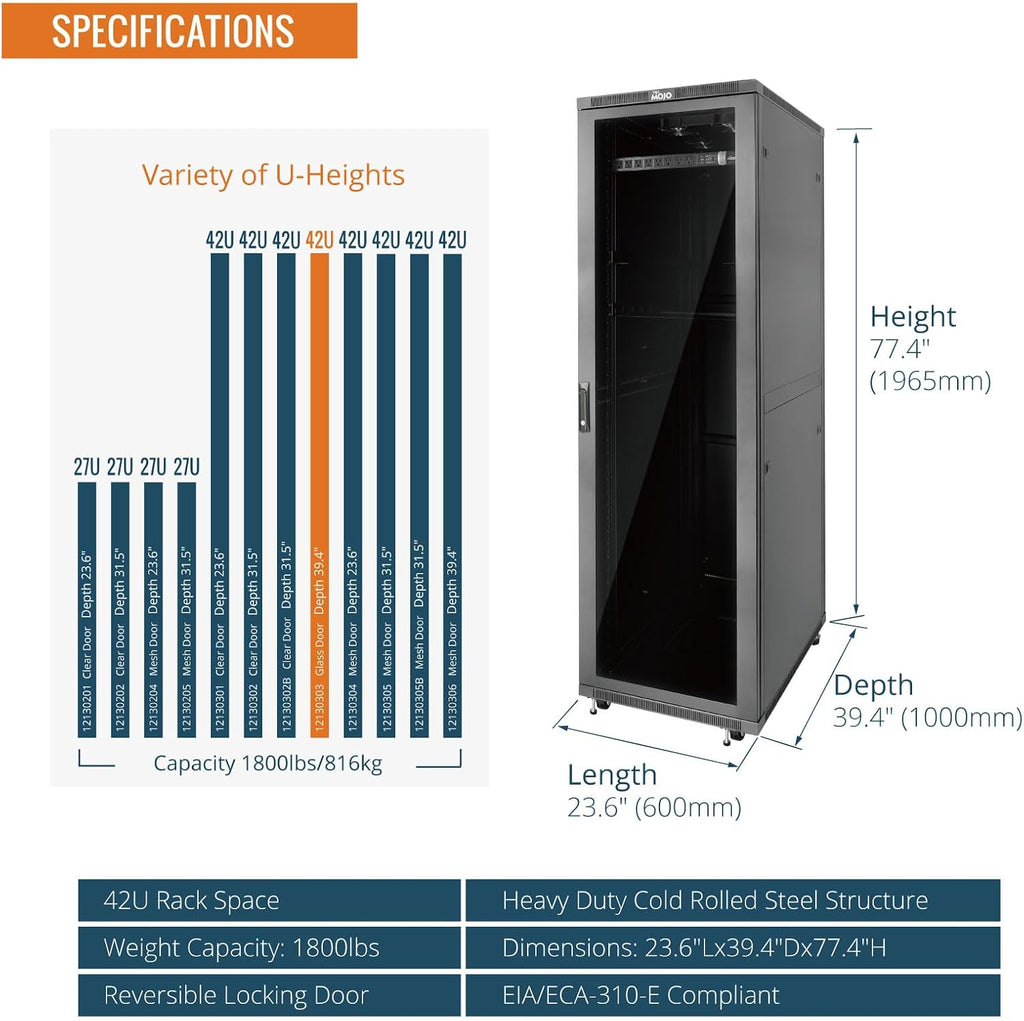Tecmojo 42U Server Rack Network Cabinet 39.4' D x 23.6' W, Locking Data Cabinet Enclosure for 19' Server, Networking, AV & IT Equipment, Glass Door, Black