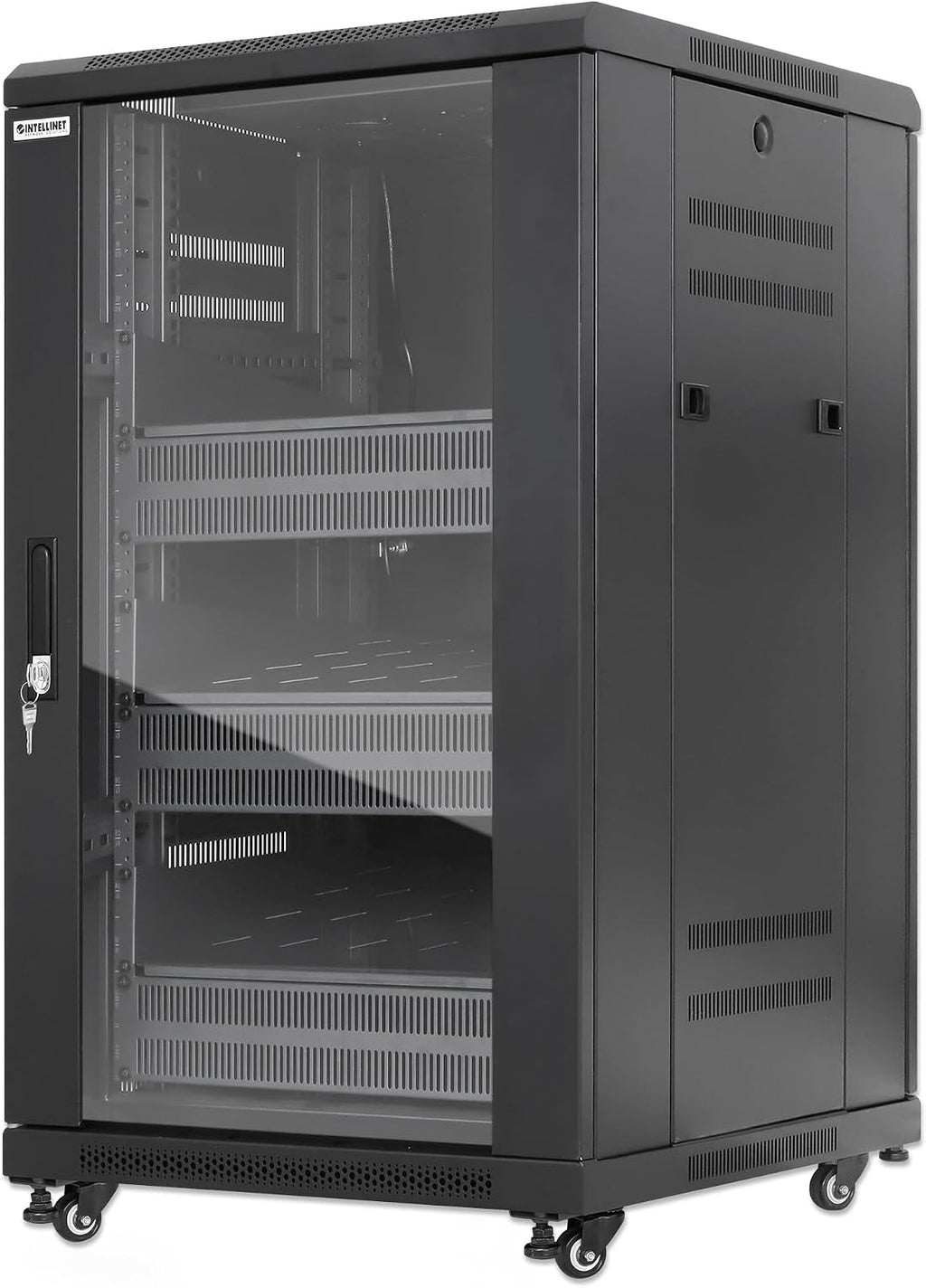 Intellinet 18U Network Server Rack Enclosure Cabinet with Integrated Fans – IP20 Rated, Reversible Tempered-Glass Front Door, Removable Side Panels – 3 Yr Mfg Warranty