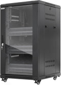 Intellinet 18U Network Server Rack Enclosure Cabinet with Integrated Fans – IP20 Rated, Reversible Tempered-Glass Front Door, Removable Side Panels – 3 Yr Mfg Warranty