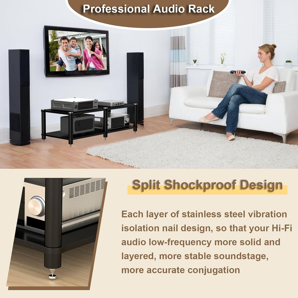 2 Tier Long AV Media Stand, Stereo Racks and Stands with Speaker Spikes, Components Cabinet Home Theatre CD Record Player Receiver Equipment Rack (Black, 2-Tier)