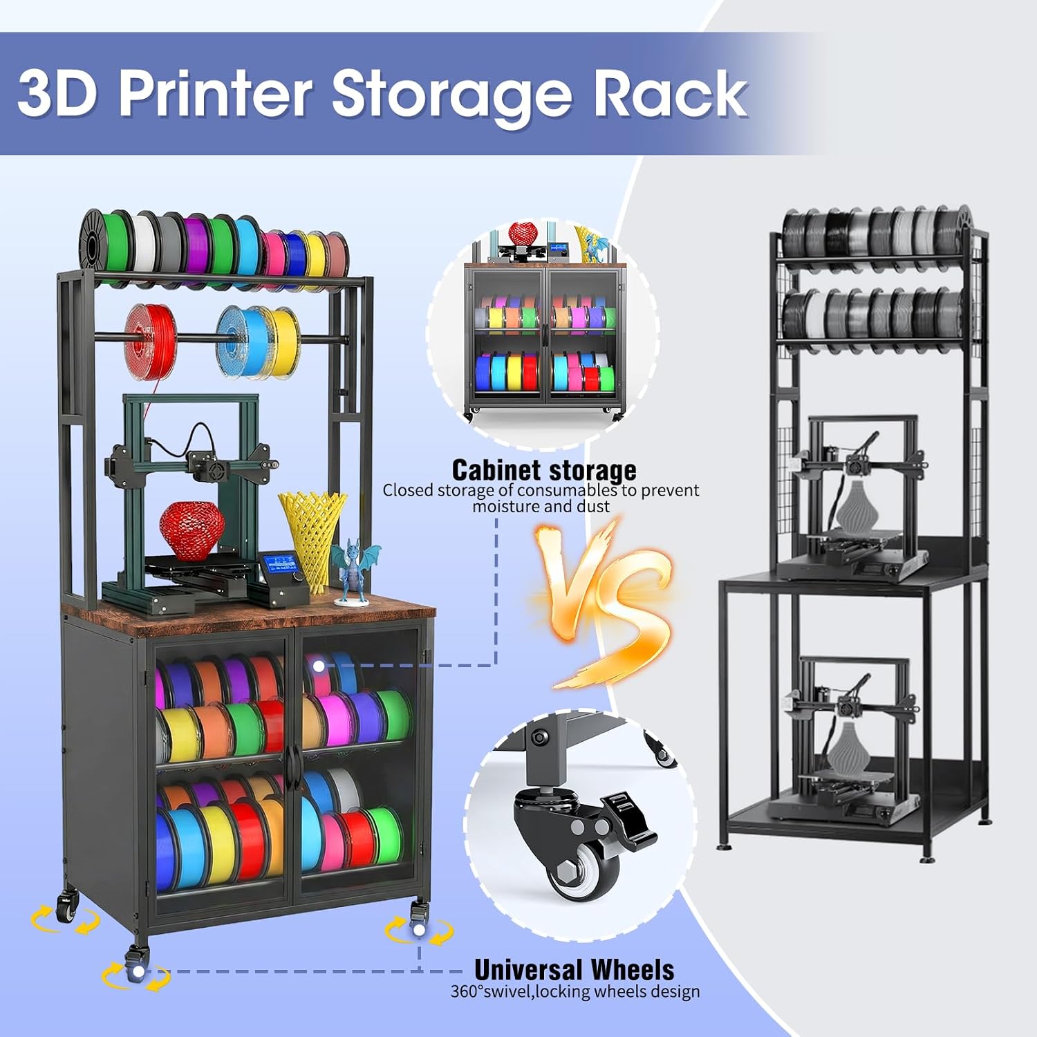 3D Printer Stand with Filament Storage,3D Printing Filament Organizing Table, with Wheels and Storage Cabinet, Heavy-Duty 3D Printer Workbench for Studios and Offices, Black