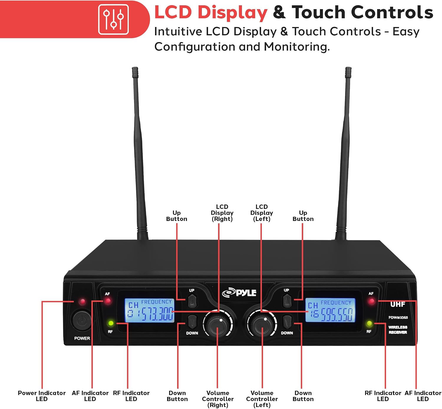 PYLE, Wireless Microphone System, UHF, 16 Channels, Belt Packs, Lavalier Mics, Rack Mountable Receiver, LCD Display, Dual Antennas, Bodypack Transmitters, Headset Microphones, Audio Cable, Case
