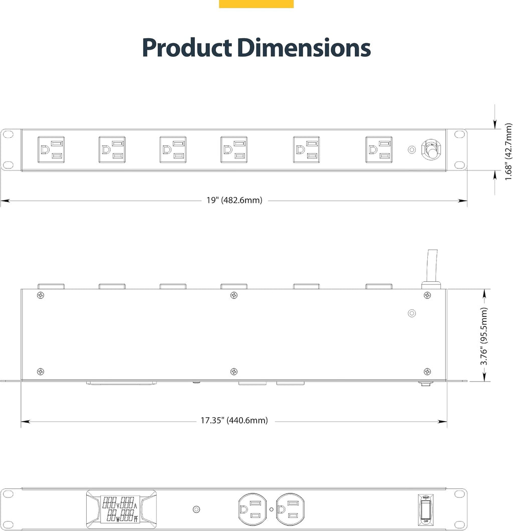 StarTech.com 8-Outlet Horizontal Rack Mount Metered PDU, 1U Server Power Strip w/Surge Protector, 8ft (2.4m) Power Cable, TAA