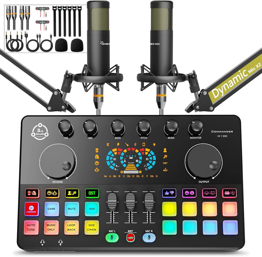 Podcast Equipment Bundle for 2, Audio Mixer with XLR Dynamic Microphone, Voice Change,RGB for Vocal Recording Podcasting,Streaming Singing TikTok, PC, Smartphone COMMANDER M100 3rd