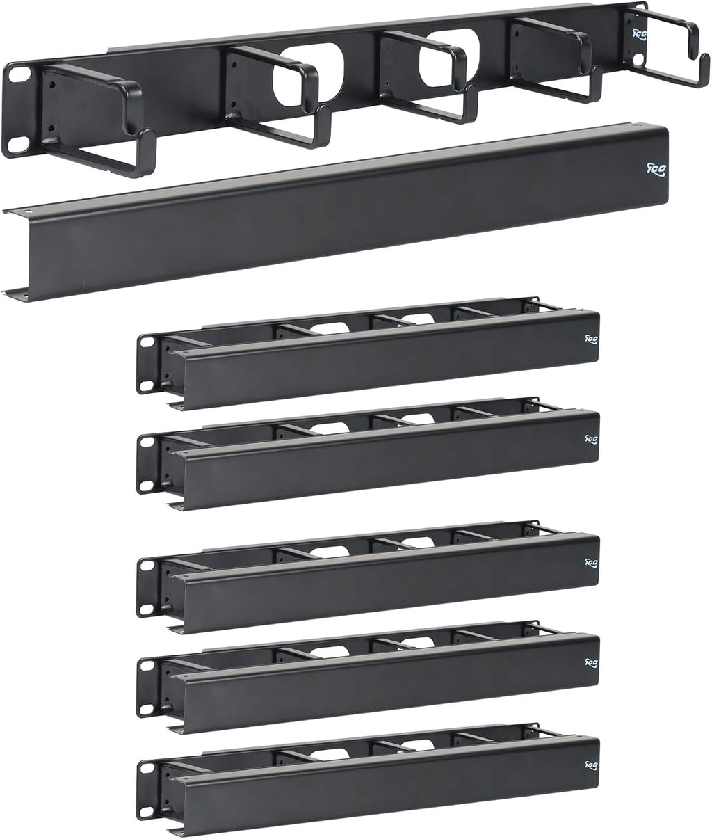 ICC 1U Ring Cable Manager Panel with Cover, Metal, 3' Cable Distribution D Rings, Horizontal Cable Management, Rackmount for 19' Network Racks, Black, 6-Pack
