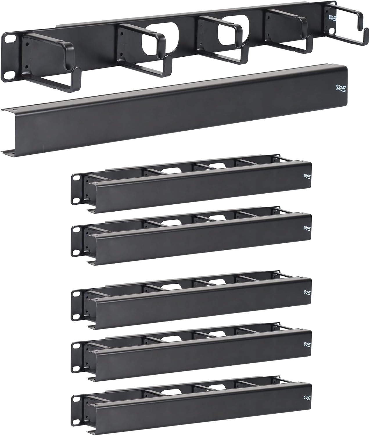 ICC 1U Ring Cable Manager Panel with Cover, Metal, 3' Cable Distribution D Rings, Horizontal Cable Management, Rackmount for 19' Network Racks, Black, 6-Pack