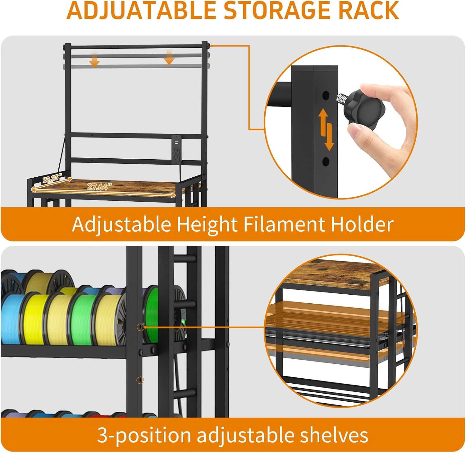 3D Printer Table with Filament Storage 3D Printer Stand with Power Outlet,Heavy Duty 3D Printer Desk for ABS, PLA, TPU Filament Spools, Home Offices and Studios Retro Brown