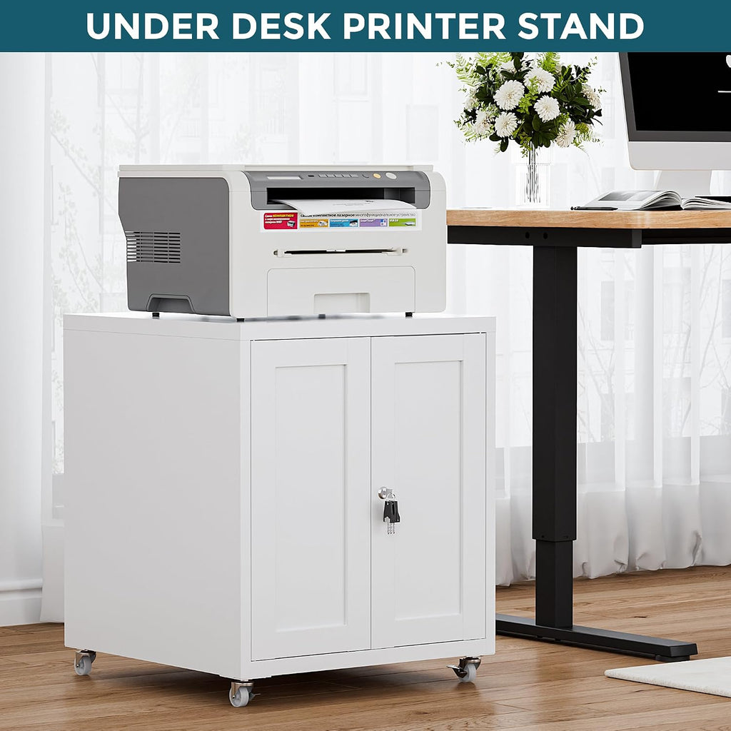 Large Printer Stand with Storage and Lock, 3D Heavy-Duty Printer Cabinet, Printer Table for Home Office with Doors and Adjustable Shelves, for Office Copier and Fax Machine, White