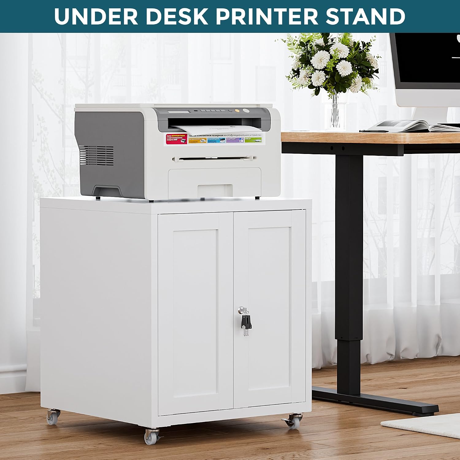 Large Printer Stand with Storage and Lock, 3D Heavy-Duty Printer Cabinet, Printer Table for Home Office with Doors and Adjustable Shelves, for Office Copier and Fax Machine, White