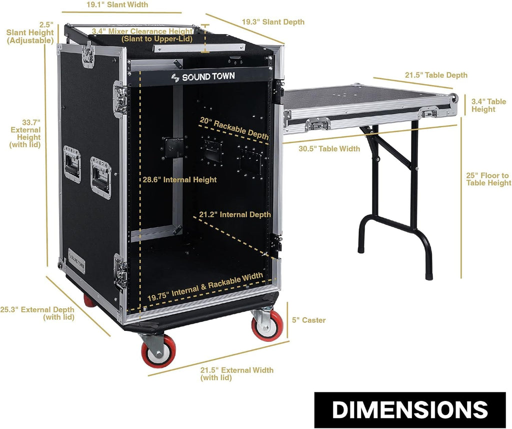 Sound Town PA DJ Combo with Heavy-Duty 1/2' (12mm) Plywood 16U Rack/Road ATA Case w/Slant Mixer Top, DJ Work Table, One 10 Outlet AC Power Conditioner/Sequencer (STMR-16TPS10)